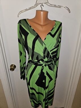 Green and Black Wrap Dress - Classic V-Neck Women’s Dress